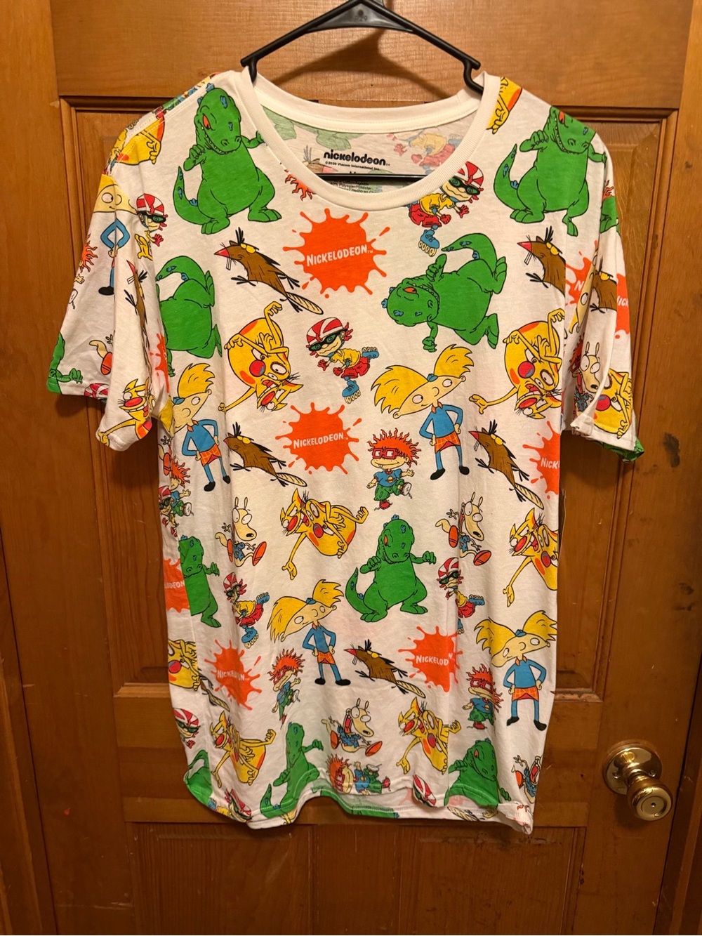 Nickelodeon All-Over Cartoon Character Tee in White, Green, Yellow & Orange
